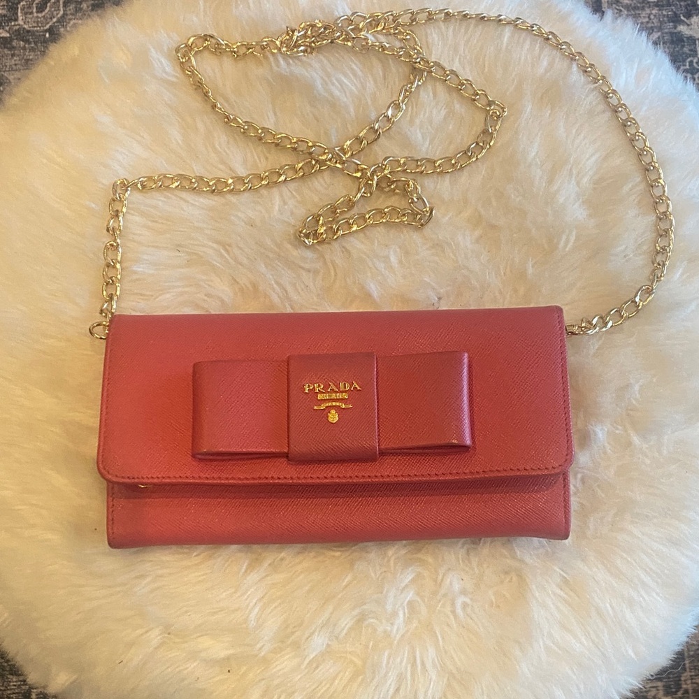 Prada Pink Leather Clutch/wallet  with Gold Chain